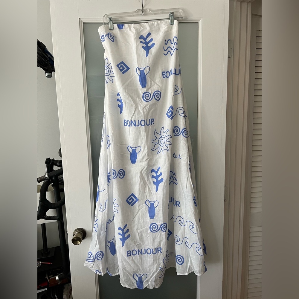 White and Blue Strapless Maxi Dress